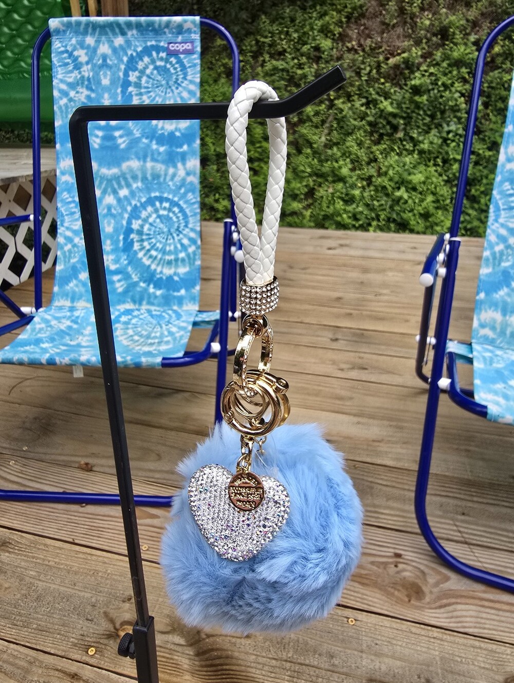 Blue Heart Fur Pom Pom Keychain Heart Bag Charm Cell Phone. Big & Bold!